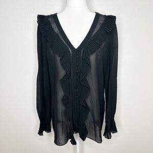 FRAME Silk Elegant Sheer Black Ruffle V-Neck Blouse